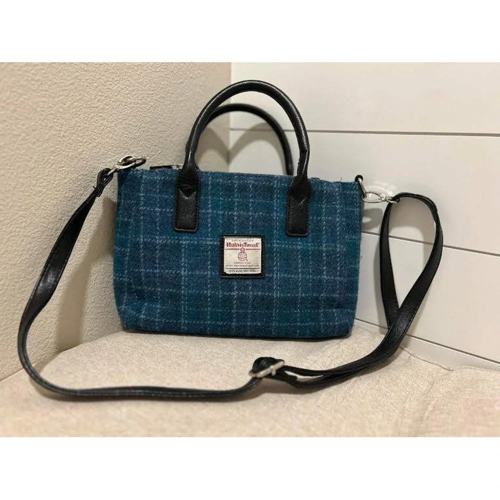 Glen Appin Harris Tweed Teal Blue Plaid Wool Satchel Crossbody Bag Handbag